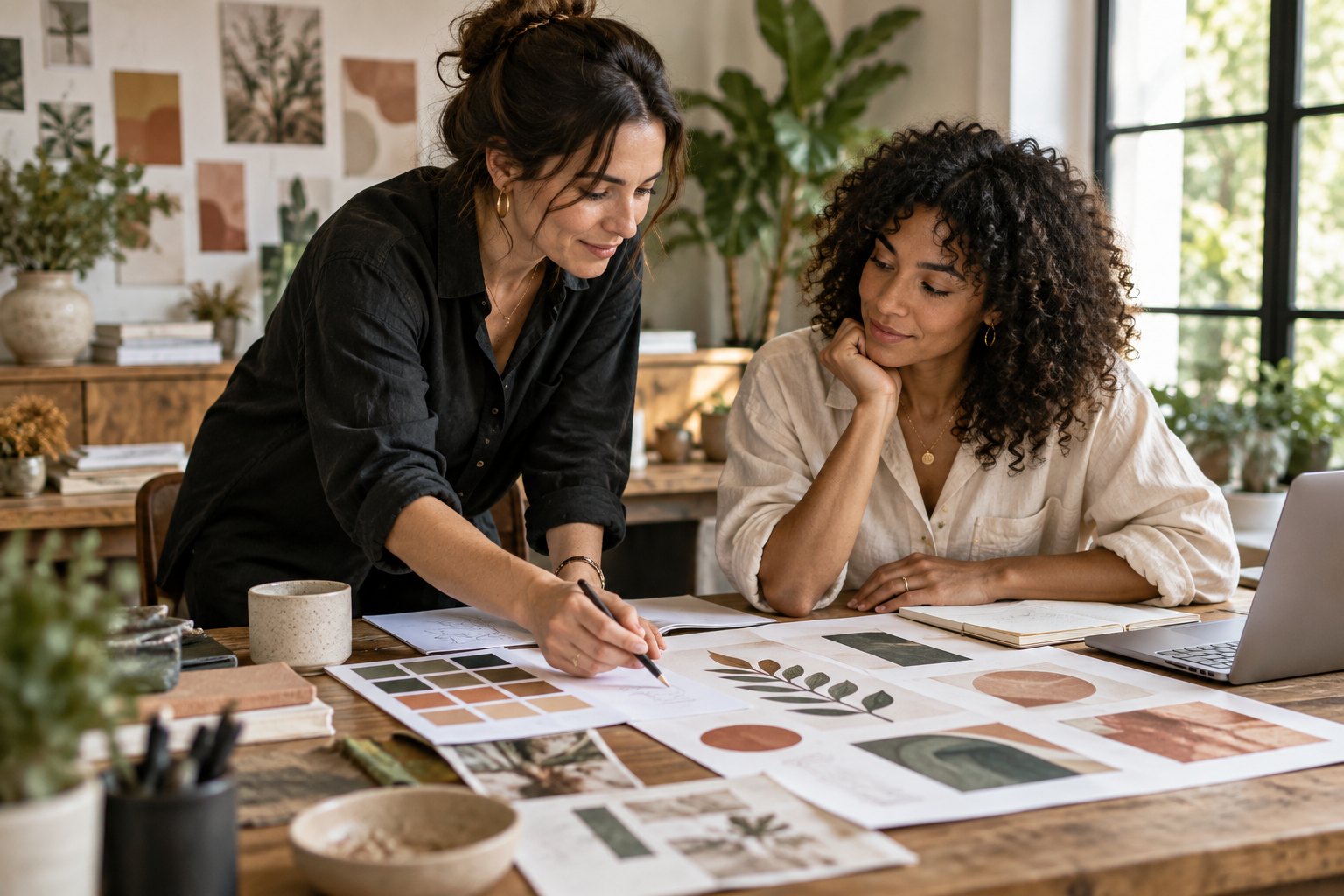 Two people working together on creative ideas at a studio table