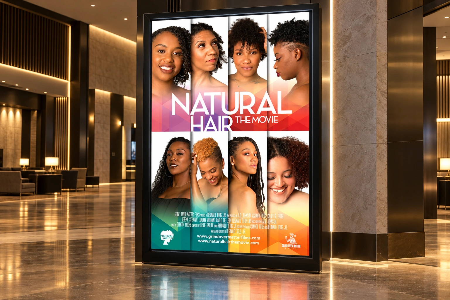 Natural Hair: The Movie campaign poster presented in a contemporary cinema