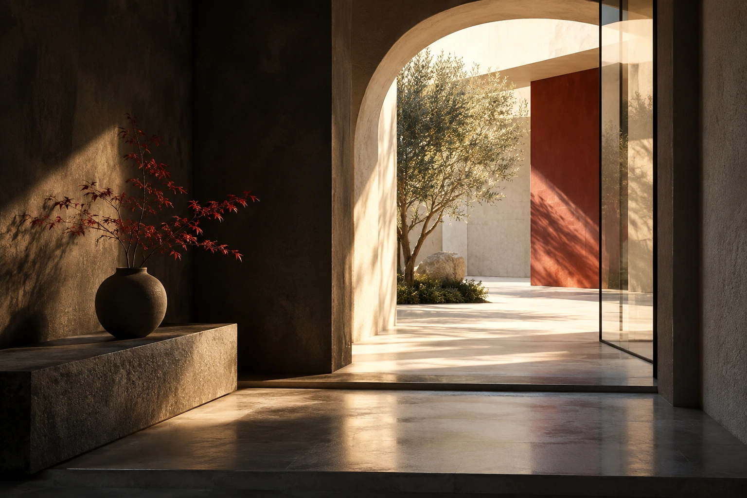 A quiet architectural passage opening into warm light