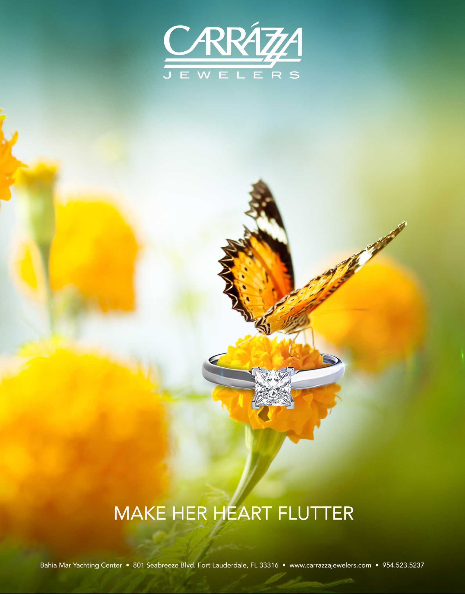 Carrazza Jewelers campaign ad featuring a butterfly and diamond ring