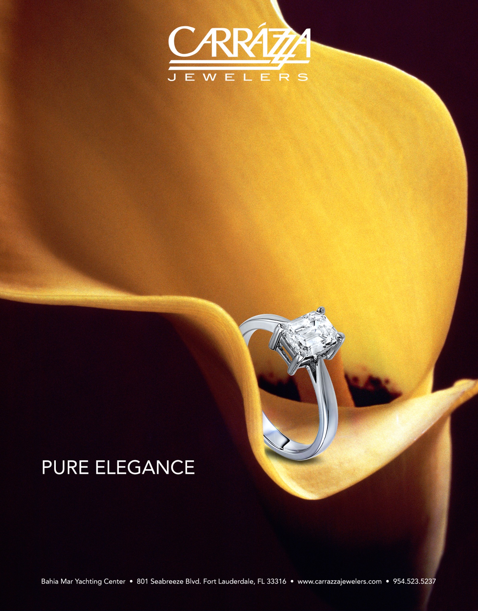Carrazza Jewelers campaign ad featuring a ring against a warm yellow flower