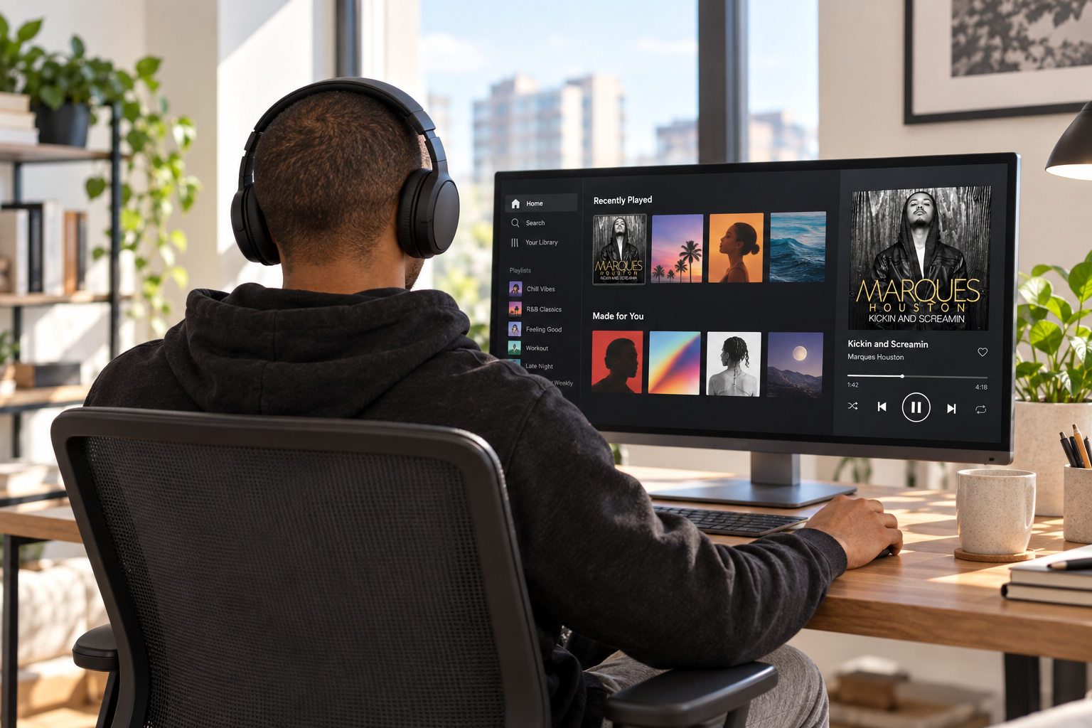 A listener viewed from behind streaming the Marques Houston album at home