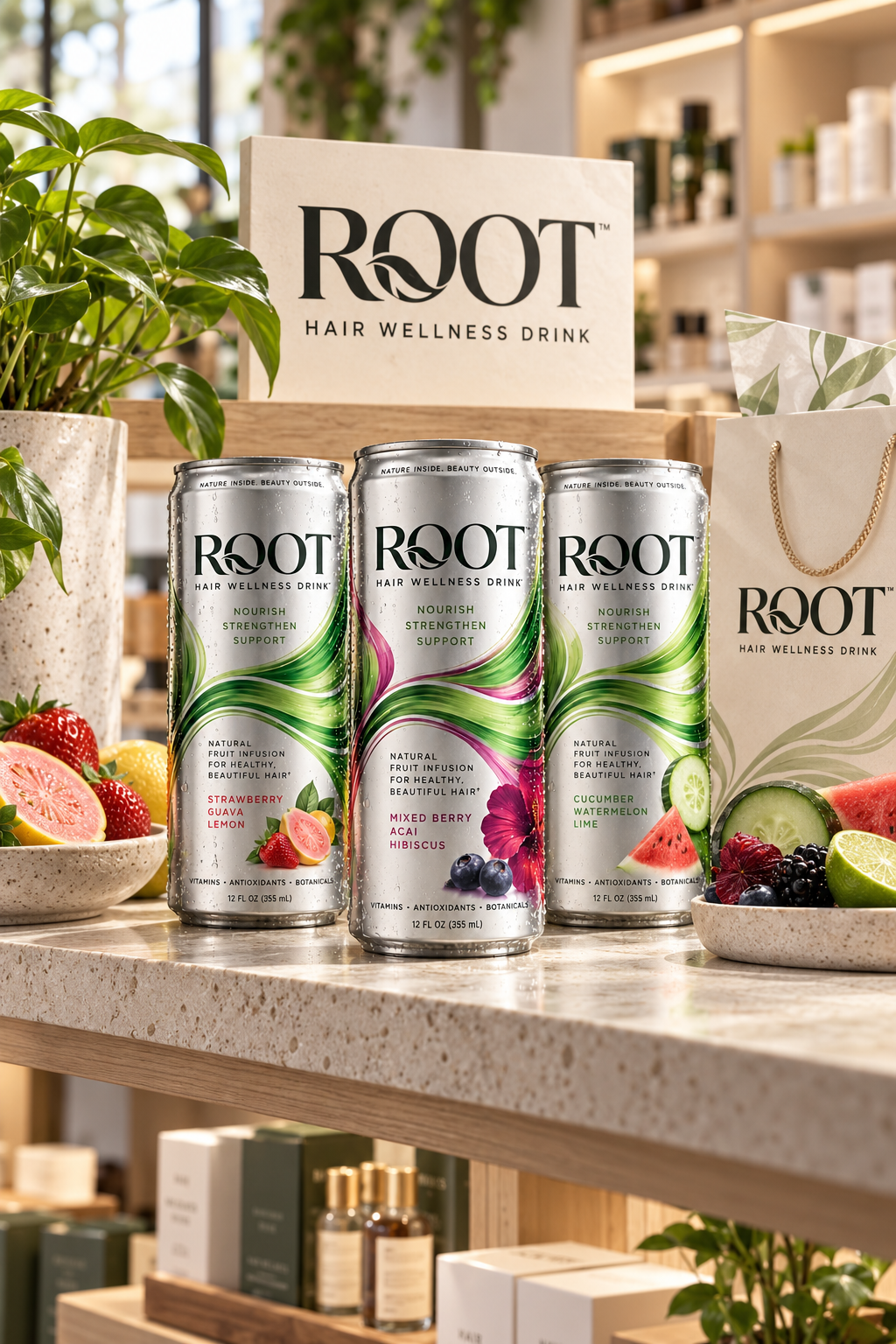 ROOT cans, signage and carrier together in a wellness shop display